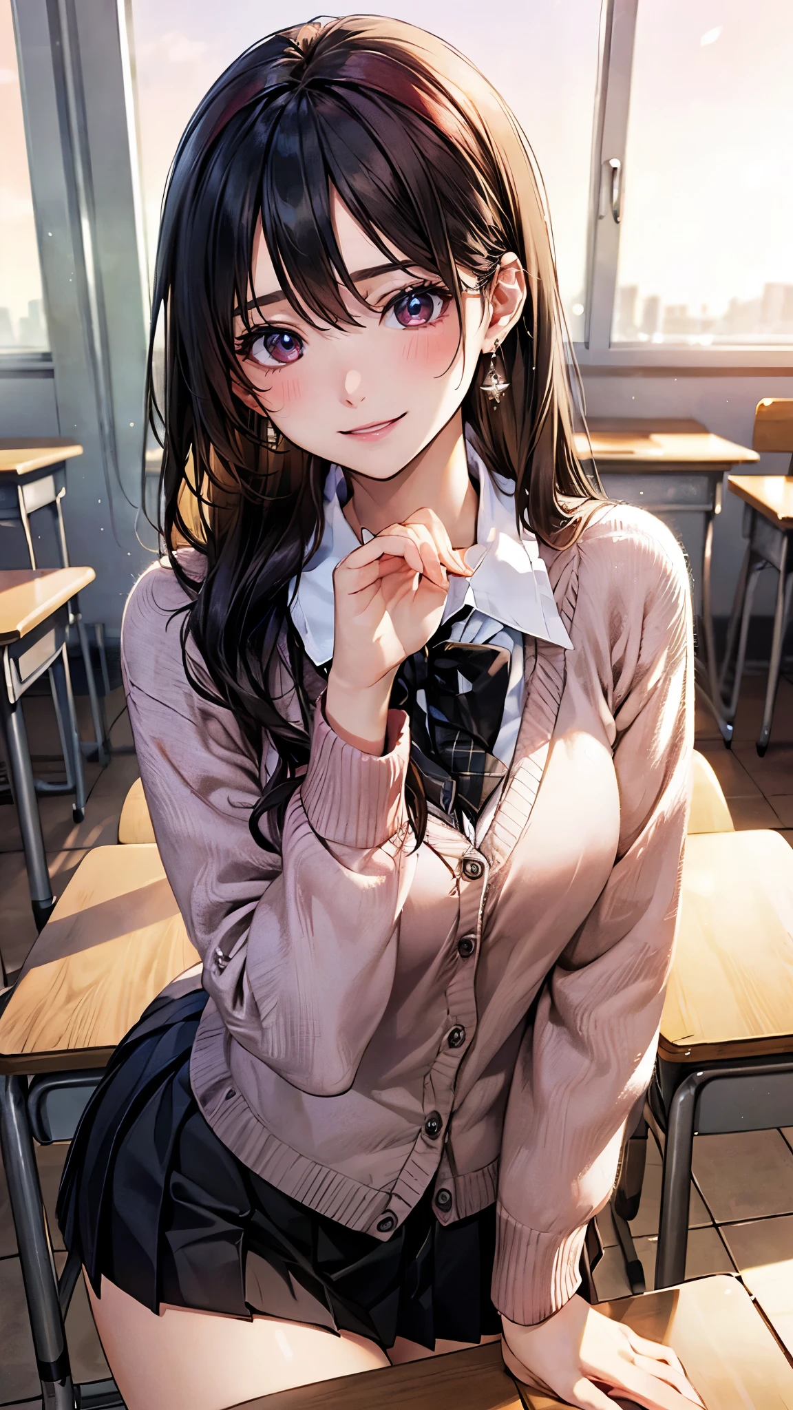 (masterpiece:1.2, highest quality), (realistic photo:1.4), beautiful illustrations, (natural side lighting, movie lighting), 
looking at the viewer, ((pov across table)), 1 girl, japanese, high school girl, perfect face, cute symmetrical face, shiny skin, baby face, 
(long hair, straight hair, (dark red headband), black hair), hair between eyes, maroon eye idol chest, seductive thighs, big ass), earrings, 
beautiful hair, beautiful face, detailed and beautiful eyes, beautiful clavicle, beautiful body, beautiful breasts, beautiful thighs, beautiful feet, beautiful fingers, slender, 
(white collared shirt, long sleeve pink knit cardigan, black pleated mini skirt, dark red flat bow tie), 
(beautiful scenery), evening, (school classroom:1.2), (hand up, elbows on table), (cute smile, upper eye)