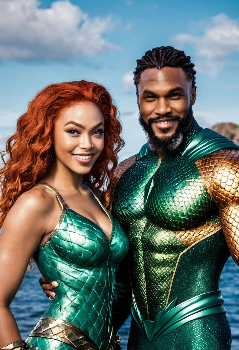 DC Comics' Mera and an African American Aquaman pose together for a photo. Mera is a beautiful Caucasian female with a light white complexion. Both are smiling. Both are attired attractively but casually for a date. Mera wears her signature Atlantean outfit of green scales. Mera has lovely makeup on her face. Daytime. Romantic ambiance. Symmetrical eyes. Symmetrical faces. Lovely details. Photorealistic. Full-colored photo. Professional photo. Highly detailed 8K.