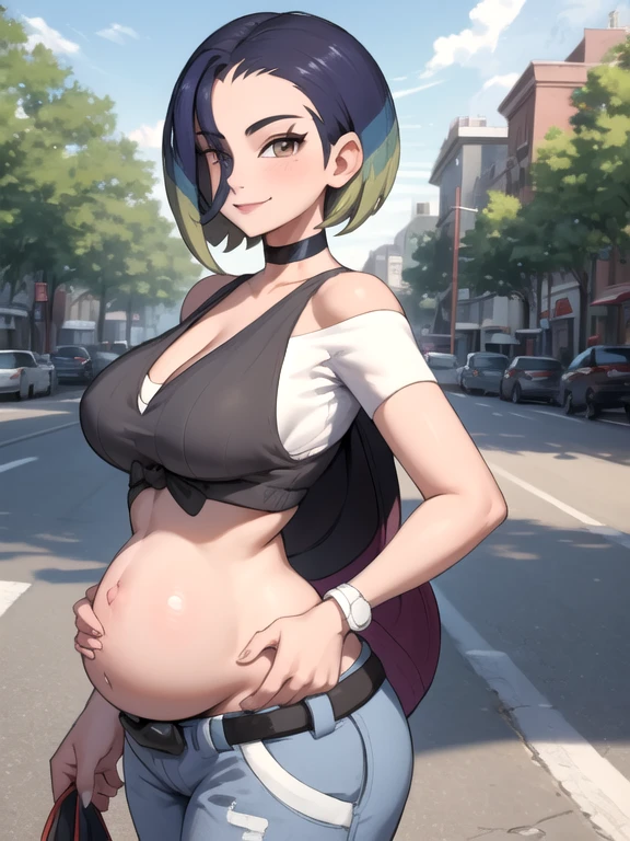 (masterpiece, best quality:1.2), highres, solo, 1 pregnant girl, perrin, smile, looking at viewer, walking, crop top, pants, choker, belt, midriff, city street, cowboy shot, large breasts, cleavage, large ass, third trimester of pregnancy, skindentation