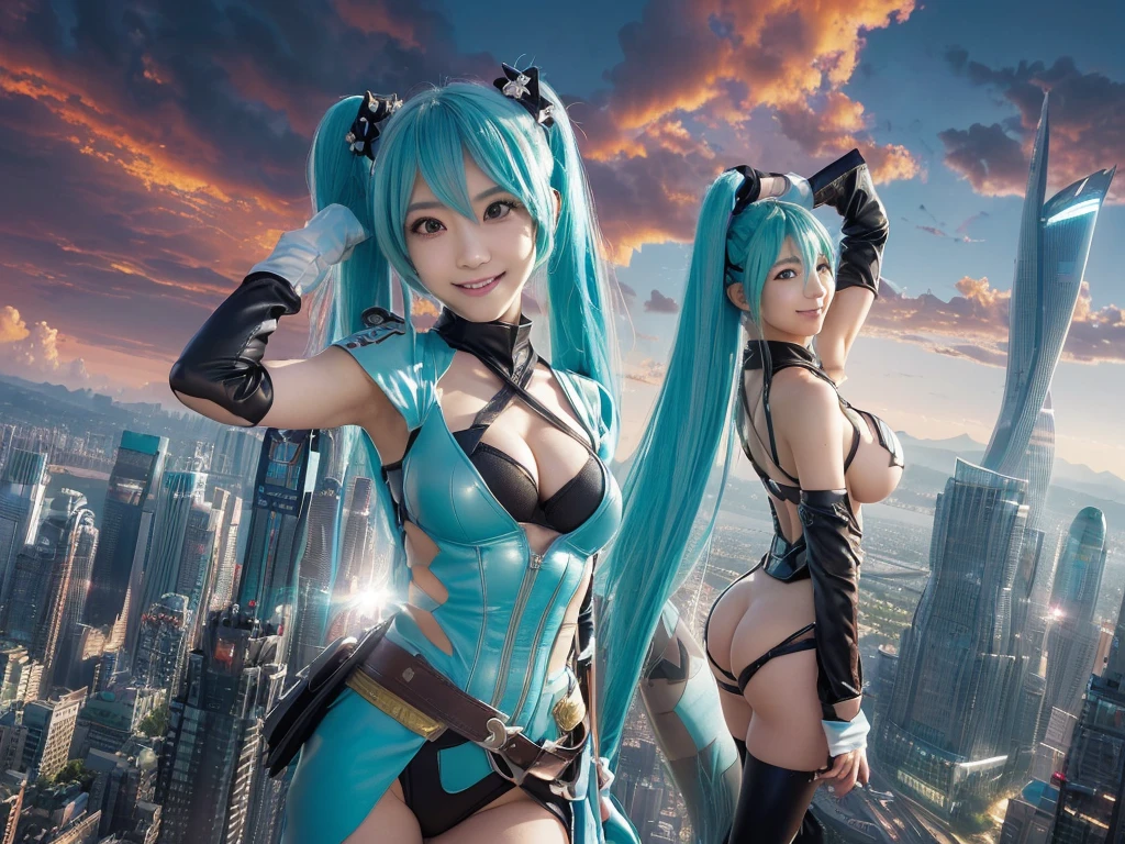 ((Colossal Titan Art、8k、Realistic、Hatsune Miku、Cosplay、Japanese women、Cosplayイヤー、Cute Smile、Big Breasts、非常に緻密なColossal Titan Art、Much larger than a skyscraper、very small metropolis, Miniature metropolis, 靴の高さ未満のMiniature metropolisで、A supergiant who crushes cities with his shoes、Full body description、giga giantess, tera giantess, peta giantess、Crush City、Small Town、Micro City、The supergiant walks、high top view))、 (Alter ego art、8k、Realistic、Hatsune Miku、Cosplay、Japanese women、Cosplayイヤー、Cute smile、Big Breasts、非常に詳細なAlter ego art、hatsune-miku one girl clones, 1 girl is cloning)