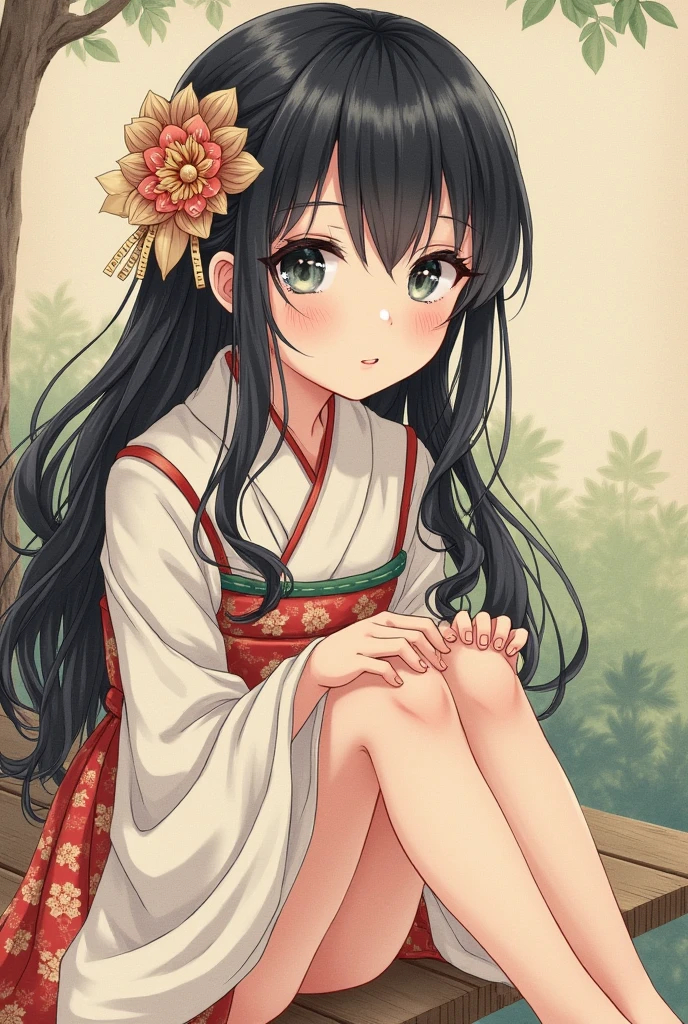 a beautiful anime girl, detailed eyes, detailed lips, long eyelashes, intricate hairstyle, delicate facial features, sitting outdoors, natural lighting, traditional Japanese paper texture, traditional Japanese ink painting style, muted color palette, soft shadows, highly detailed, masterpiece