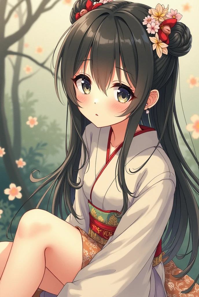 a beautiful anime girl, detailed eyes, detailed lips, long eyelashes, intricate hairstyle, delicate facial features, sitting outdoors, natural lighting, traditional Japanese paper texture, traditional Japanese ink painting style, muted color palette, soft shadows, highly detailed, masterpiece
