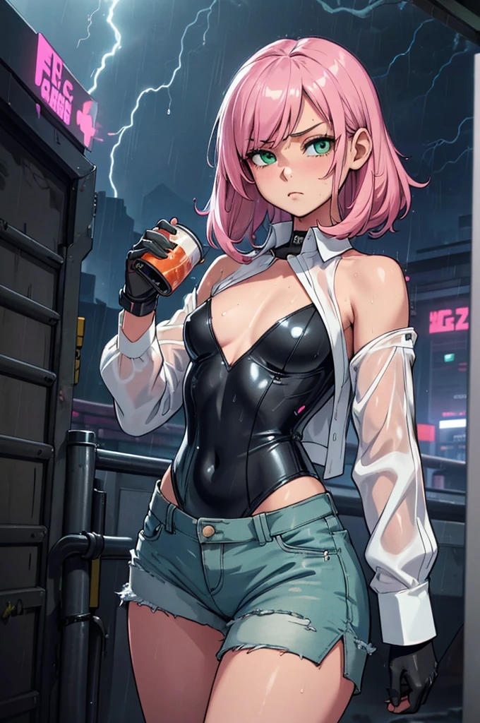 (masterpiece), (best quality), (high res), ((((Solo)))), (perfect anatomy), (young girl (10 years old), fair skin, pink hair (shoulder length), green eyes, (((cowgirl outfit))), (((white shirt))), jean skintight black mini shorts, happy, blusshing, (((flat chest))), in a futuristic setting with a green light, annoyed, cyberpunk, (drinking water), best anime 4k, cybersuits, in her school, ((during a storm))), (at night), (((wet))), ((rain)), (night), ((((alone))))