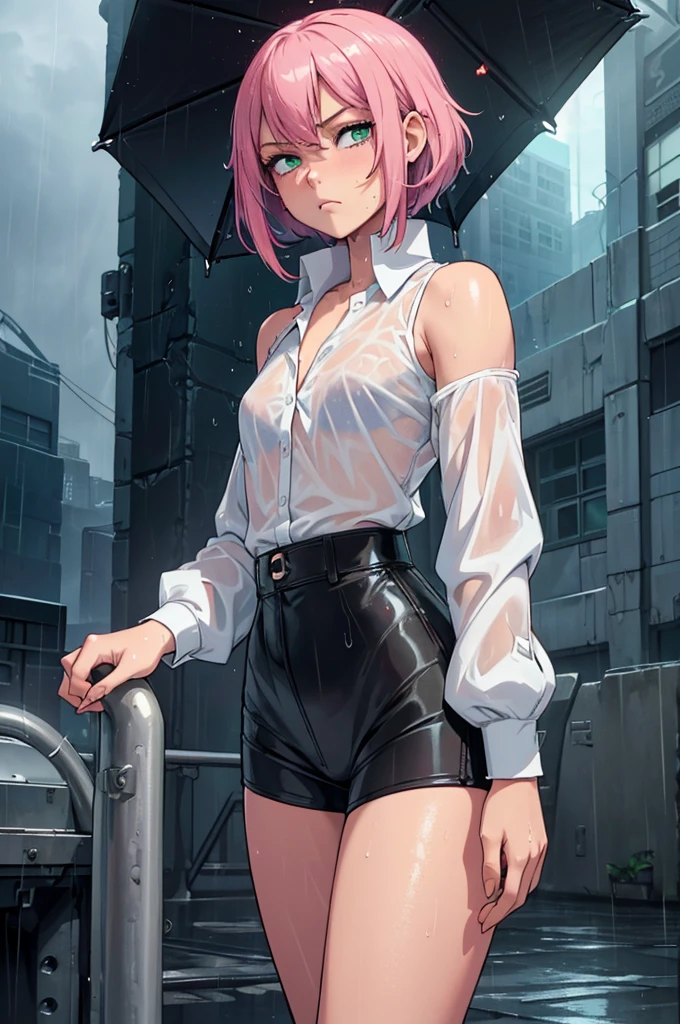 (masterpiece), (best quality), (high res), ((((Solo)))), (perfect anatomy), (young girl (10 years old), fair skin, pink hair (shoulder length), green eyes, (((cowgirl outfit))), (((white shirt))), jean skintight black mini shorts, happy, blusshing, (((flat chest))), in a futuristic setting with a green light, annoyed, cyberpunk, (drinking water), best anime 4k, cybersuits, in her school, ((during a storm))), (at night), (((wet))), ((rain)), (night), ((((alone))))