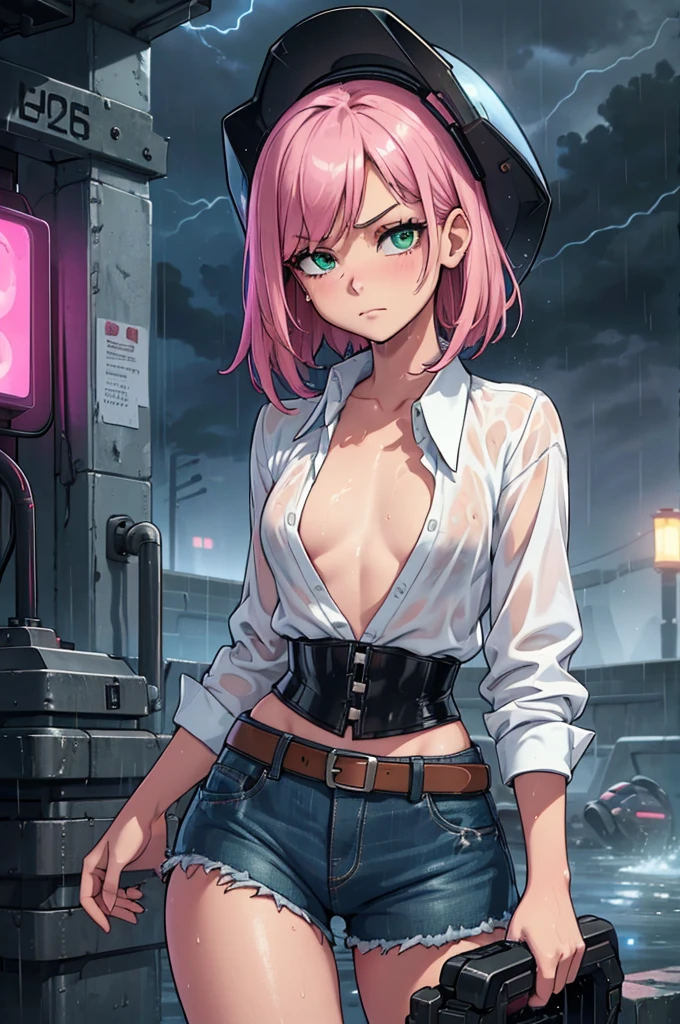 (masterpiece), (best quality), (high res), ((((Solo)))), (perfect anatomy), (young girl (), fair skin, pink hair (shoulder length), green eyes, (((cowgirl outfit))), (((white shirt))), jean skintight black mini shorts, happy, blusshing, (((flat chest))), in a futuristic setting with a green light, annoyed, cyberpunk, (drinking water), best anime 4k, cybersuits, in her school, ((during a storm))), (at night), (((wet))), ((rain)), (night), ((((alone))))