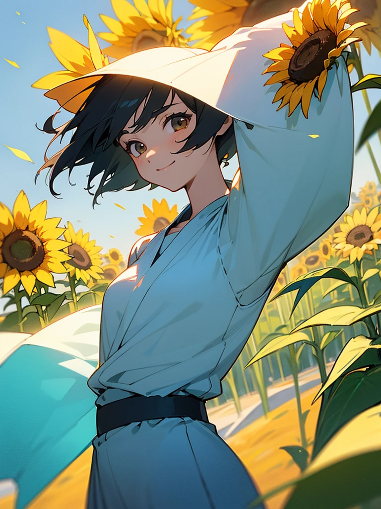 master piece, best quality, for below, cinematic angle, upper body , pigeon toed,
Anime-style Moe illustration, summer vacation theme, 20-year-old woman, sunflower field, short hair,
Picnic Maxi Dress, slightly inner thighs, smile, accurate drawing, Active pose, Active Angle,