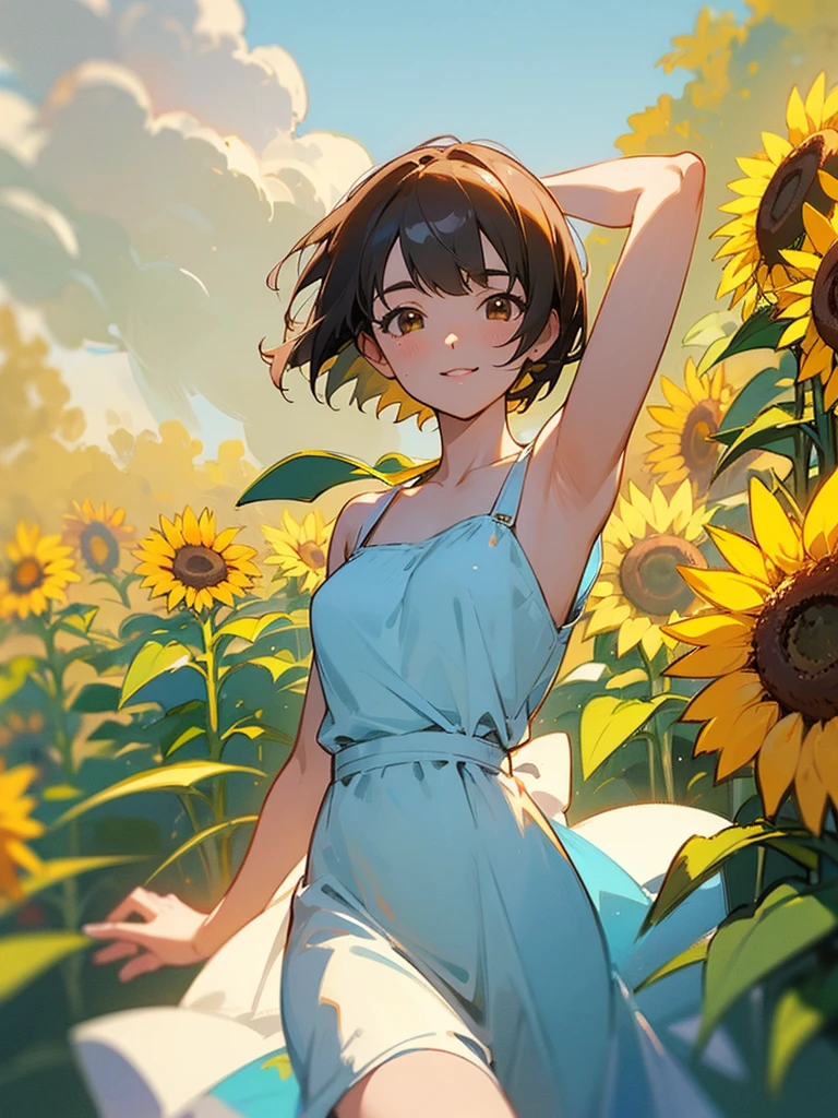  master piece, best quality, for below, cinematic angle, upper body , pigeon toed,  
Anime-style Moe illustration, summer vacation theme, 20-year-old woman, sunflower field, short hair, 
Picnic Maxi Dress, slightly inner thighs, smile, accurate drawing, Active pose, Active Angle, 