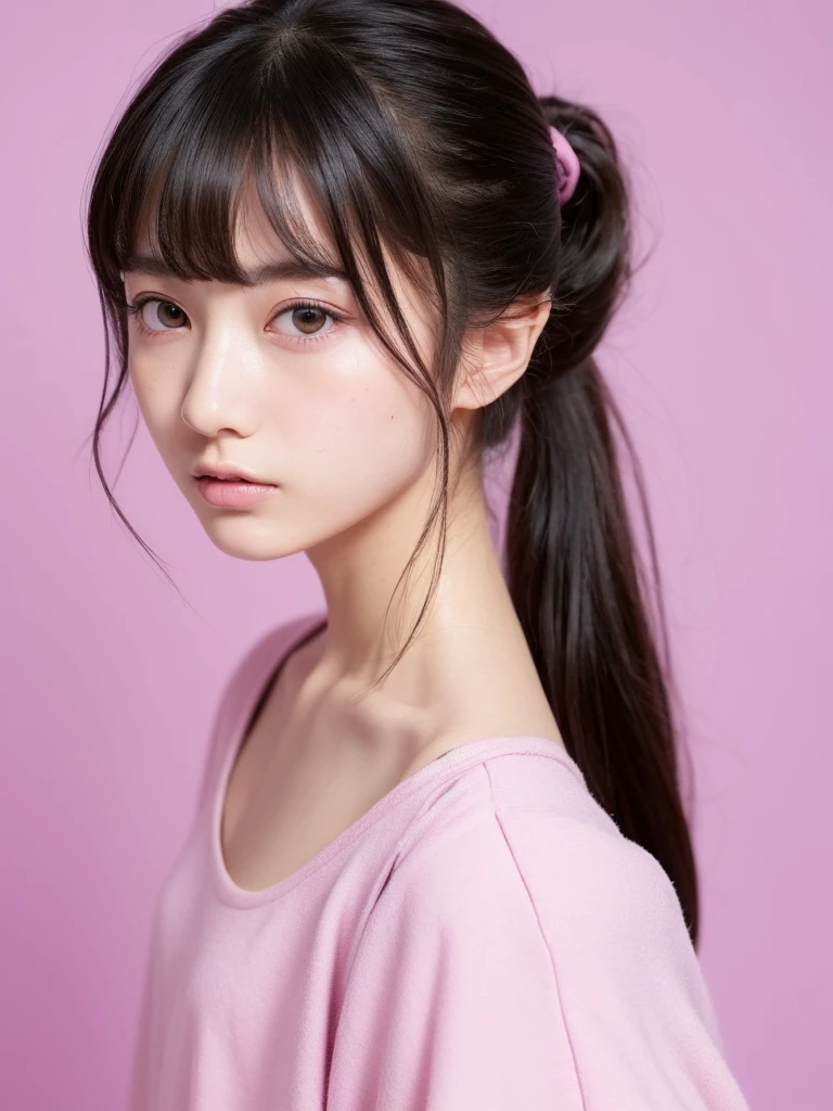 (masterpiece), (highest quality), (Super detailed), (messy hair), (shape), (one japanese girl), (fashionable clothes), Are standing, Fashion Model, (interview), (simple purple and pink background), fine and beautiful eyes, delicate beautiful face, floating, (high color saturation), focus on face, ponytail, black hair, bangs,floating Hairs, (shining), best writing, best shadow,stylish living room