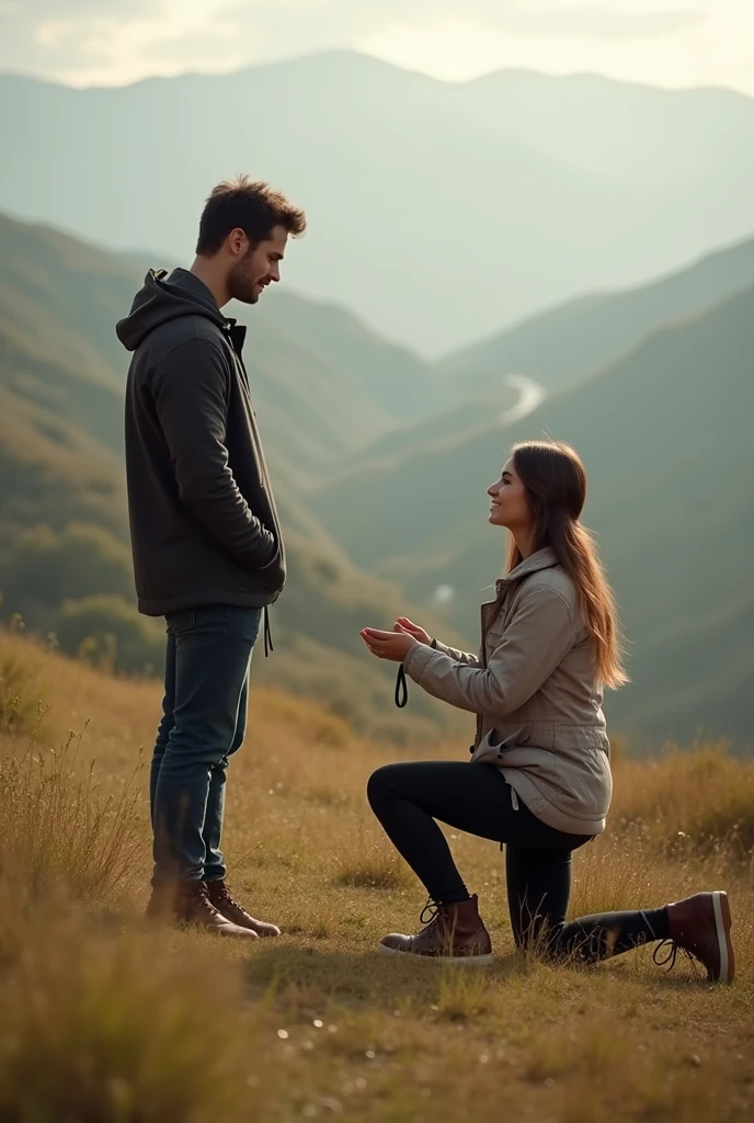a girl looking very gourgeous , proposing to handsome boy , scene is from hilly area