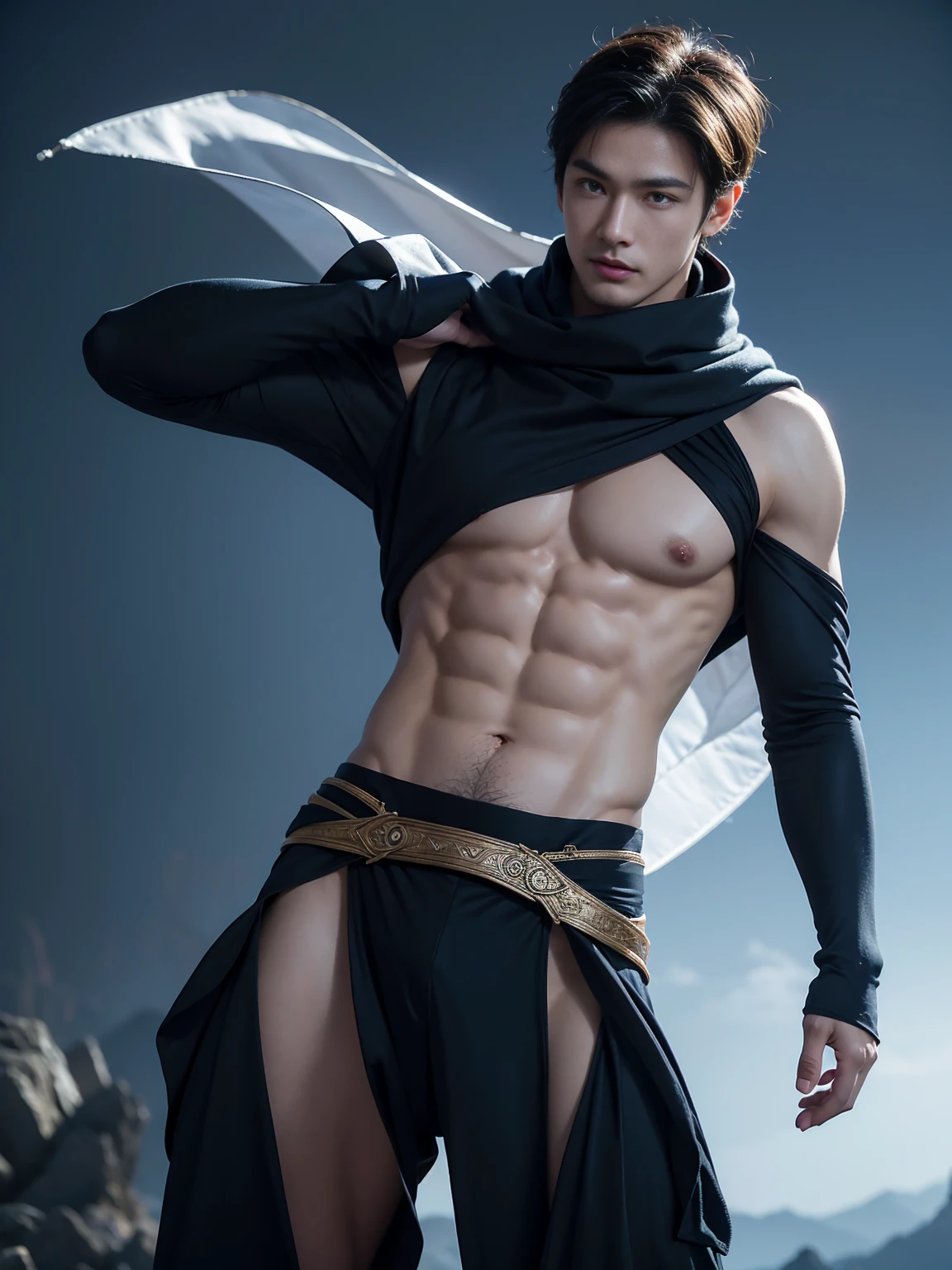 top-quality、masterpiece、超A high resolution、(realisitic:1.4)、Detailed face、solo、1human male、The upper part of the body、Dark hair、glistning skin、dense skin、(asian human)、architectural、(absurderes、hight resolution、ultra-detailliert)、、1 male、Adults、(a 25-year-old man)、a handsome、tall muscular man、broad shoulder、extra very short hair、angular jaws、thick neck、thick eyebrow、extra very short hair、A dark-haired、fine eyes and detailed face、 Highly detailed CG Unity 8K wallpapers、intricate-detail、(Style Swirl Magic:0.7)、looking at the spectator、solo、(full body Esbian:0.6)、Detailed background、A detailed face、dynamicposes、、dynamic compositions、 big muscle、、((((bulge))))、a handsome、 ((masutepiece:1.4, Best Quality)), ((masutepiece, Best Quality)), (photographrealistic:1.4)、(((Sorcerer)))、grin, Surfing,、a smirk、Sunny and cloudy sky、(Complex blue long sleeve enchantment costume), scarf, the costume is too much revealing the tskin and thighs, fantasy Library Background:1.2), Photorealistic、cana、magic circles , bare thighs