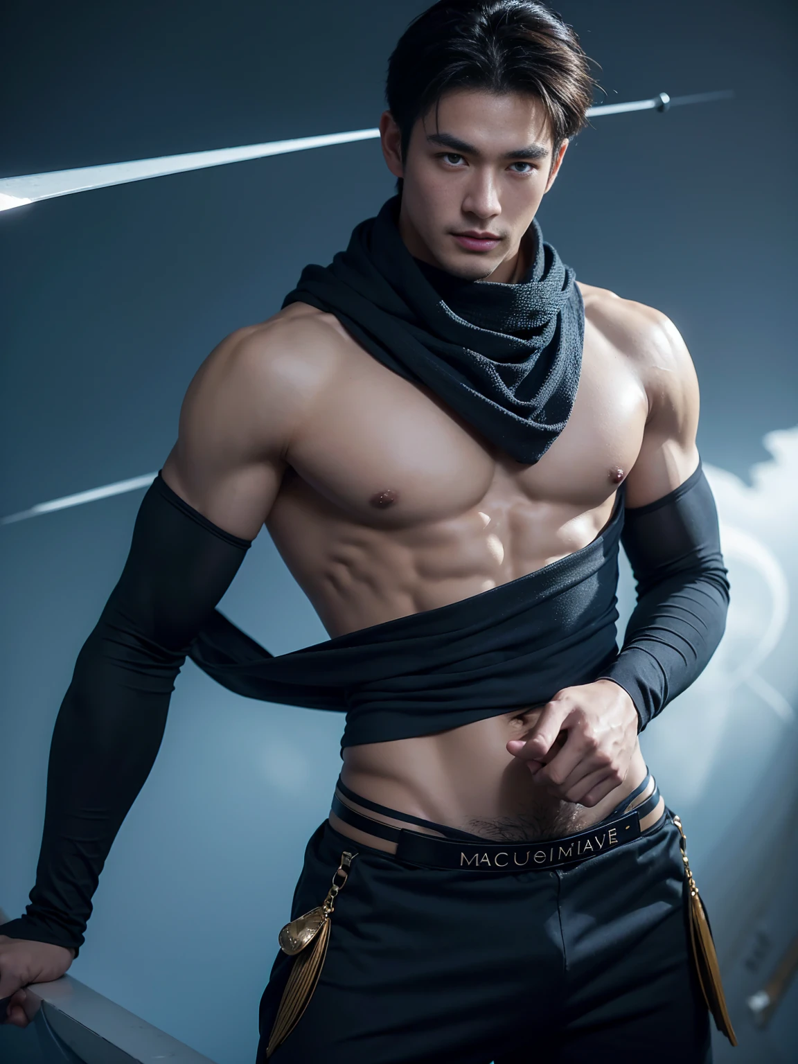 top-quality、​masterpiece、超A high resolution、(realisitic:1.4)、Detailed face、solo、１human male、The upper part of the body、Dark hair、glistning skin、dense skin、(asian human)、architectural、(absurderes、hight resolution、ultra-detailliert)、、1 male、Adults、(a 25-year-old man)、a handsome、tall muscular man、broad shoulder、extra very short hair、angular jaws、thick neck、thick eyebrow、extra very short hair、A dark-haired、fine eyes and detailed face、 Highly detailed CG Unity 8K wallpapers、intricate-detail、(Style Swirl Magic:0.7)、looking at the spectator、solo、(full body Esbian:0.6)、Detailed background、A detailed face、dynamicposes、、dynamic compositions、 big muscle、、((((bulge))))、a handsome、 ((masutepiece:1.4, Best Quality)), ((masutepiece, Best Quality)), (photographrealistic:1.4)、(((Sorcerer)))、grin, Surfing,、a smirk、Sunny and cloudy sky、(Complex blue long sleeve enchantment costume), scarf, the costume is too much revealing the tskin and thighs, fantasy Library Background:1.2), Photorealistic、cana、magic circles , bare thighs