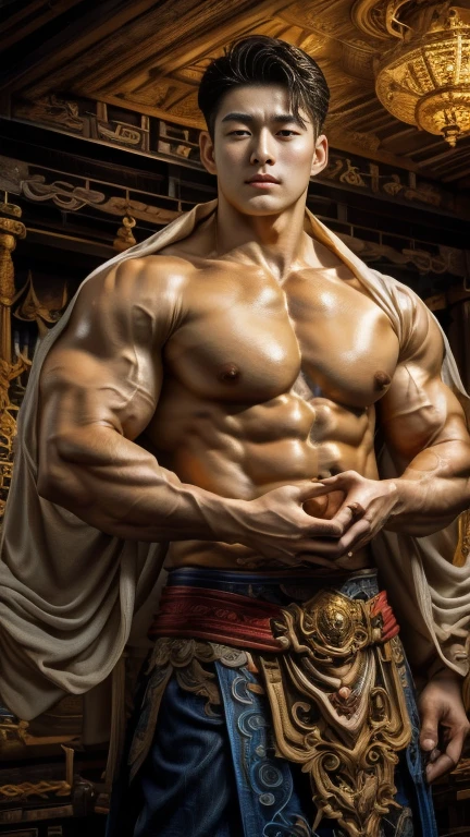 disconsolate,Ambient,artistic conception,large scene,The wind blew up the white curtains,Dattain lamps,Diffuse light,chest muscle,Shirtless, stubbles, Sideburns, musculature, Strong handsome korean guy,body builder,many hands, super detailed hands, multiple hands god holding the holly weapons, Hanfu,Golden blue、Jing Qing Moqing、Plain cherry blue,Junyi,Dignified atmosphere,Temperament,Short hair, Flat-headed beautiful man,The light is gentle,The scene comes to life