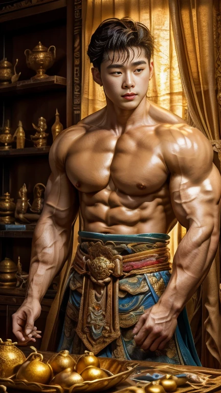 disconsolate，Ambient，artistic conception，large scene，The wind blew up the white curtains，Dattain lamps，Diffuse light，chest muscle，Shirtless, stubbles, Sideburns, musculature, Strong handsome korean  guy，body builder，many hands,  super detailed hands, multiple hands god holding the holly weapons, Hanfu，Golden blue、Jing Qing Moqing、Plain cherry blue，Junyi，Dignified atmosphere，Temperament，Short hair, Flat-headed beautiful man，The light is gentle，The scene comes to life