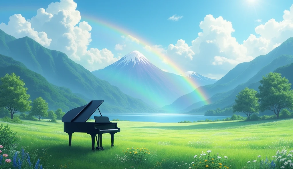 「A black grand piano standing in a lush green field、A rainbow over a lake and a majestic mountain range、Tranquil scenery」
Rainbow Arch Light: Asahi、Soft light season: Summer painting style: Photo style、
others: fog、flower、
