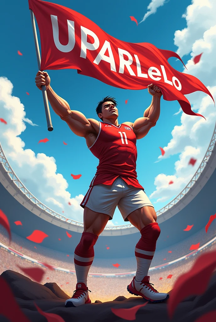 Create a banner of a player holding a flag with UPARALeLo written on it