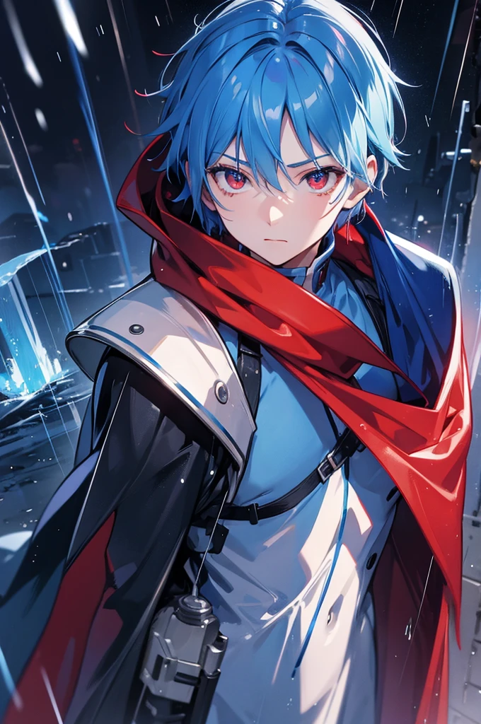 man, short blue hair, red eyes, blue hero cape, night rain scene, sad