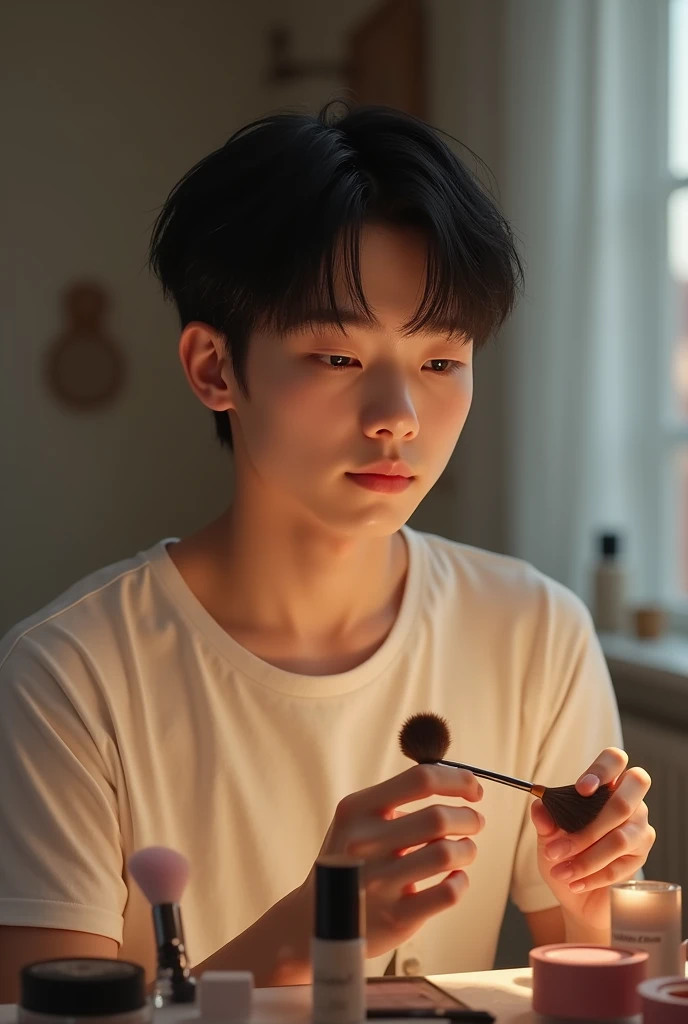 Male Asian highschool student doing makeup 