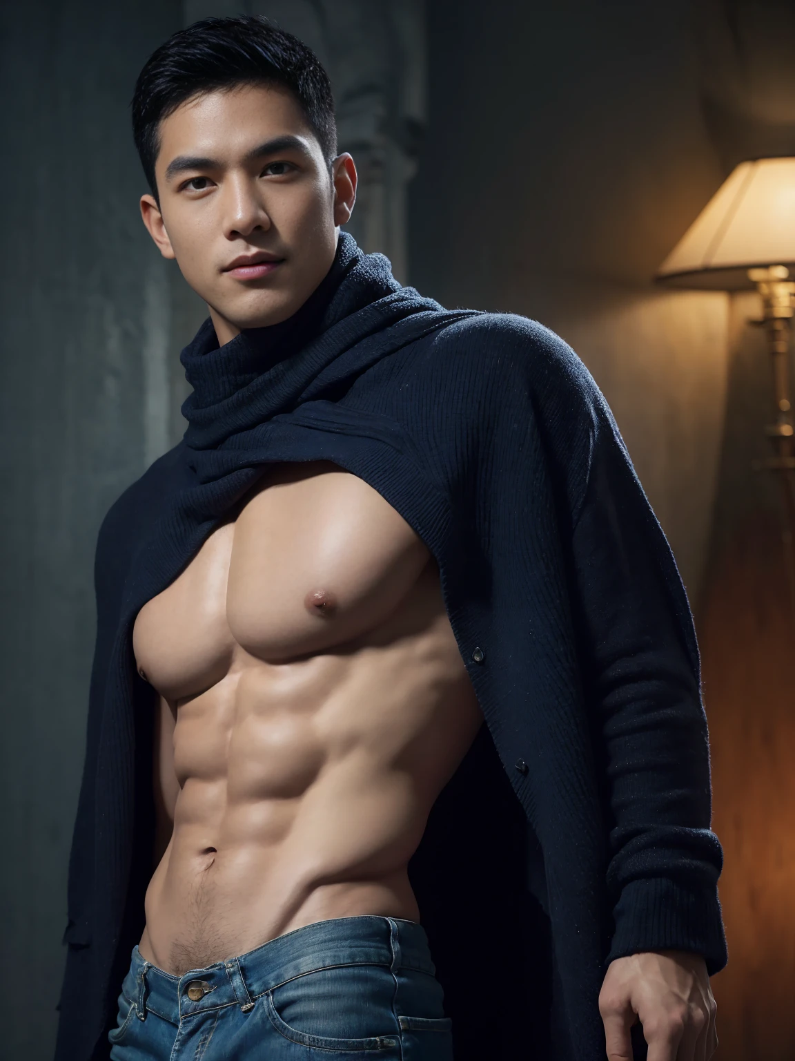 top-quality、masterpiece、超A high resolution、(realisitic:1.4)、Detailed face、solo、1human male、The upper part of the body、Dark hair、glistning skin、dense skin、(asian human)、architectural、(absurderes、hight resolution、ultra-detailliert)、、1 male、Adults、(a 25-year-old man)、a handsome、tall muscular man、broad shoulder、extra very short hair、angular jaws、thick neck、thick eyebrow、extra very short hair、A dark-haired、fine eyes and detailed face、 Highly detailed CG Unity 8K wallpapers、intricate-detail、(Style Swirl Magic:0.7)、looking at the spectator、solo、(full body Esbian:0.6)、Detailed background、A detailed face、dynamicposes、、dynamic compositions、 big muscle、、((((bulge))))、a handsome、 ((masutepiece:1.4, Best Quality)), ((masutepiece, Best Quality)), (photographrealistic:1.4)、(((Sorcerer)))、grin, Surfing,、a smirk、Sunny and cloudy sky、(Complex blue long sleeve enchantment costume), scarf, the costume is too much revealing the tskin and thighs, fantasy Library Background:1.2), Photorealistic、cana、magic circles , bare thighs