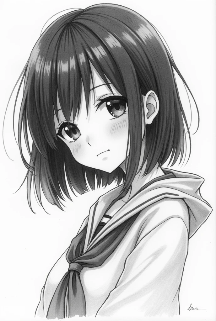 Drawing of anime character, black smooth strokes by pencil, not digital arts, paper strokes , on paper picture