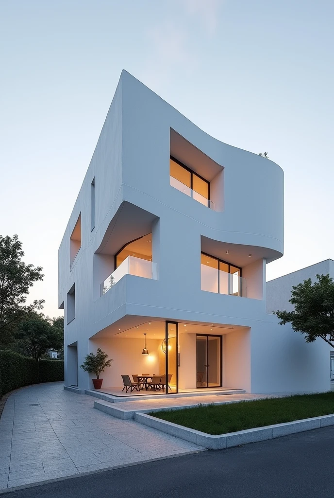 (photorealism:1.2), Modern house, facade, Zaha Hadid, city, white concrete walls, Luxury house, exterior, warm, attractive, exterior shot, Photography, digital slr camera, pintrest, High Definition,