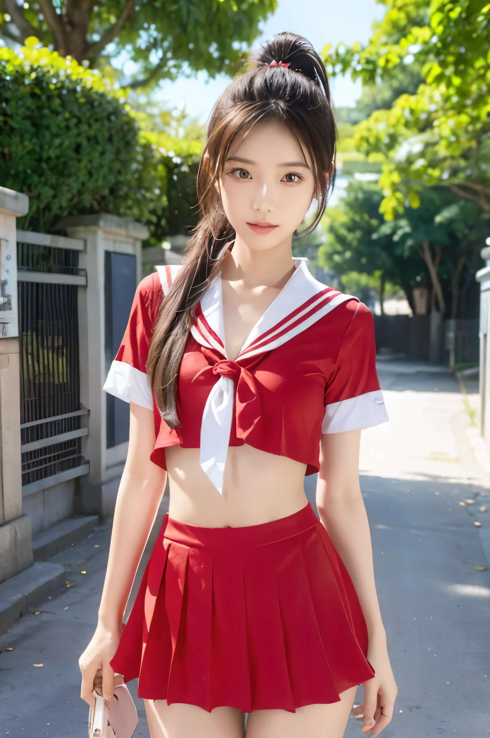 (Ultra HD), (Red sailor suit, Red short skirt), Big Breasts, slender, Narrow waist, (The belly button is visible:0.8), whole body, Standing posture, (Beautiful Skin, Shiny skin, White skin), (Super slim face, Super beautiful face, No makeup), (ponytail, Layered Cut, Fluffy hair), (double eyelid, Slanted Eyes), Small Nose, Thin lips, Thin legs, In front of the school gate