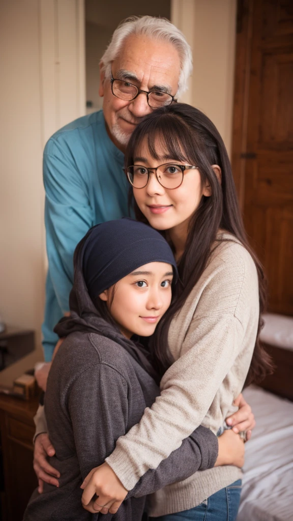 An old grandfather is hugging his 20 year old granddaughter, and his granddaughter is wearing a headscarf and round glasses in the bedroom and his granddaughter looks uncomfortable.
