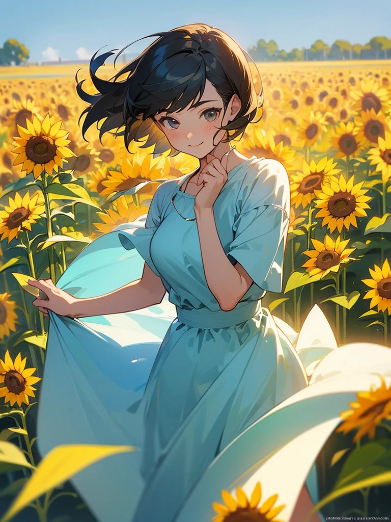  master piece, best quality, for below, cinematic angle, upper body , pigeon toed,  
Anime-style Moe illustration, summer vacation theme, 20-year-old woman, sunflower field, short hair, 
Picnic Maxi Dress, slightly inner thighs, smile, accurate drawing, Active pose, Active Angle, 