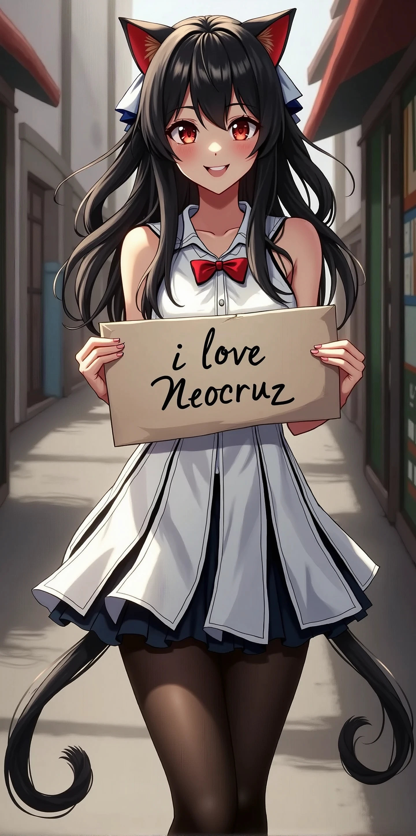 a beautiful and cute woman (cabello largo negro, flequillo, orejas de gato, ojos rojos, coletas) holding up a sign "i love Neocruz", joyful, happy, anime illustration, photorealistic, oil painting