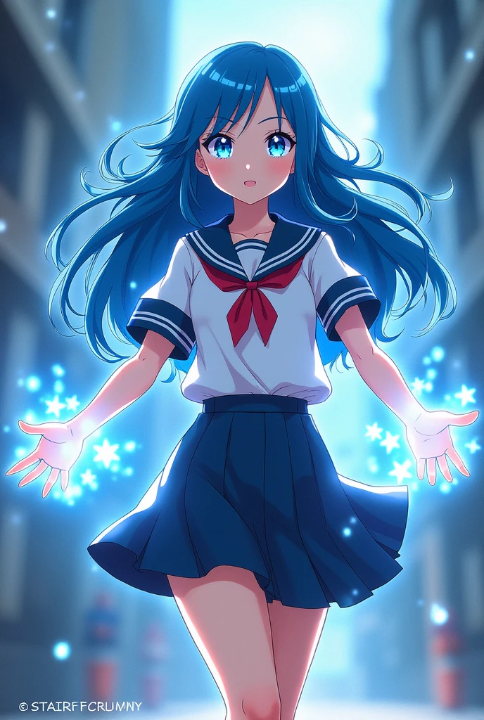 Boku no hero academia template, 15 year old girl,long wavy hair,and with blue eyes and a uniform and who has the gift of magic