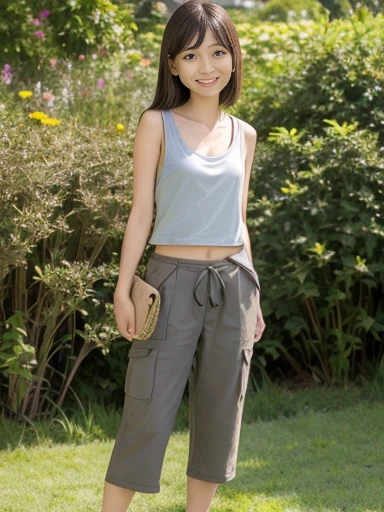 Japanese female, (underweight), (flat chest best quality:1.3), 30 years old, (cheerful grin:1.1),
grassland, blissful, standing, looking to the right, straight hair, khaki short cargo pants, gray tank top, japanese, with a hill, with a flower, in the afternoon, full body shot, from side, low angle shot, midday