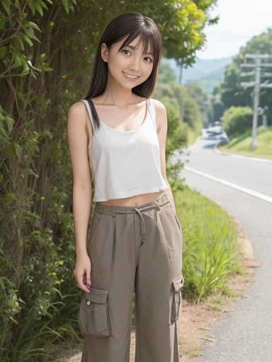 Japanese female, (underweight), (flat chest best quality:1.3), 30 years old, (cheerful grin:1.1),
grassland, blissful, standing, looking to the right, straight hair, khaki short cargo pants, gray tank top, japanese, with a hill, with a flower, in the afternoon, full body shot, from side, low angle shot, midday