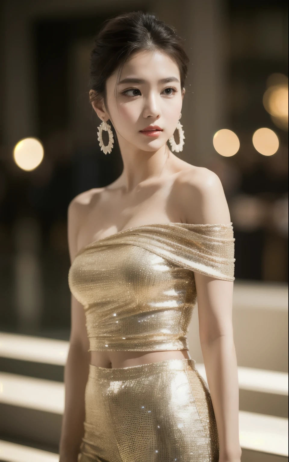 work of art, best qualityer, standing alone, 1 girl, luminous skin, hoop earings, glamourous, whimsical details, styled hair, mesmerizing, bare one shoulder, top cut, Long pants, Shallow depth of field, contrasted, professional model, front face, portraite 