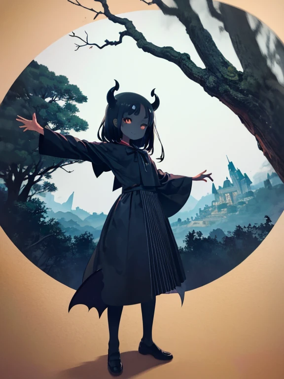 cute horror fantasy, Disney-style horror effects,Picture-book style,Children's book style, break ,alone,One girl\((devil:1.6),cute,(Dancing:1.4),Wicked Smile,Pure black skin,Sagging under the eyes,Long eyebrows,Big eyes,Little,Long nails,Orange eyes,hair,(Look down:1.3),Wearing a capelet\((Very large:1.5),(very long:1.3),(Traditional_Patterned:1.2)\)\), break ,background\(Music notes, (dead tree:1.3), in the forest,Shadow_cardboard\(One,doll,Crow\)\),(Long Shot),(Wide Shot),(Dynamic Angle),whole body