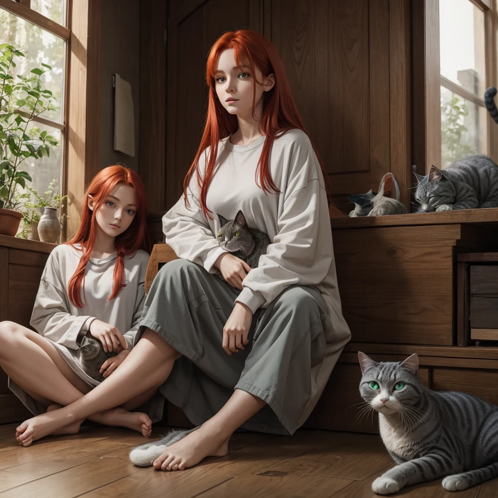One beautiful red-haired girl of Slavic appearance in oversized clothes and a gray cat sitting next to her (animal) with green eyes