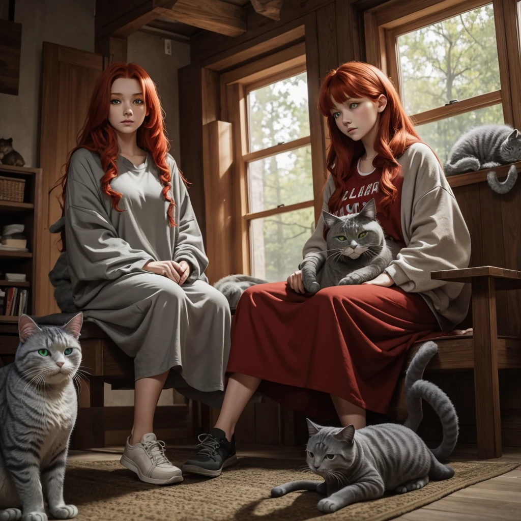 One beautiful red-haired girl of Slavic appearance in oversized clothes and a gray cat sitting next to her (animal) with green eyes