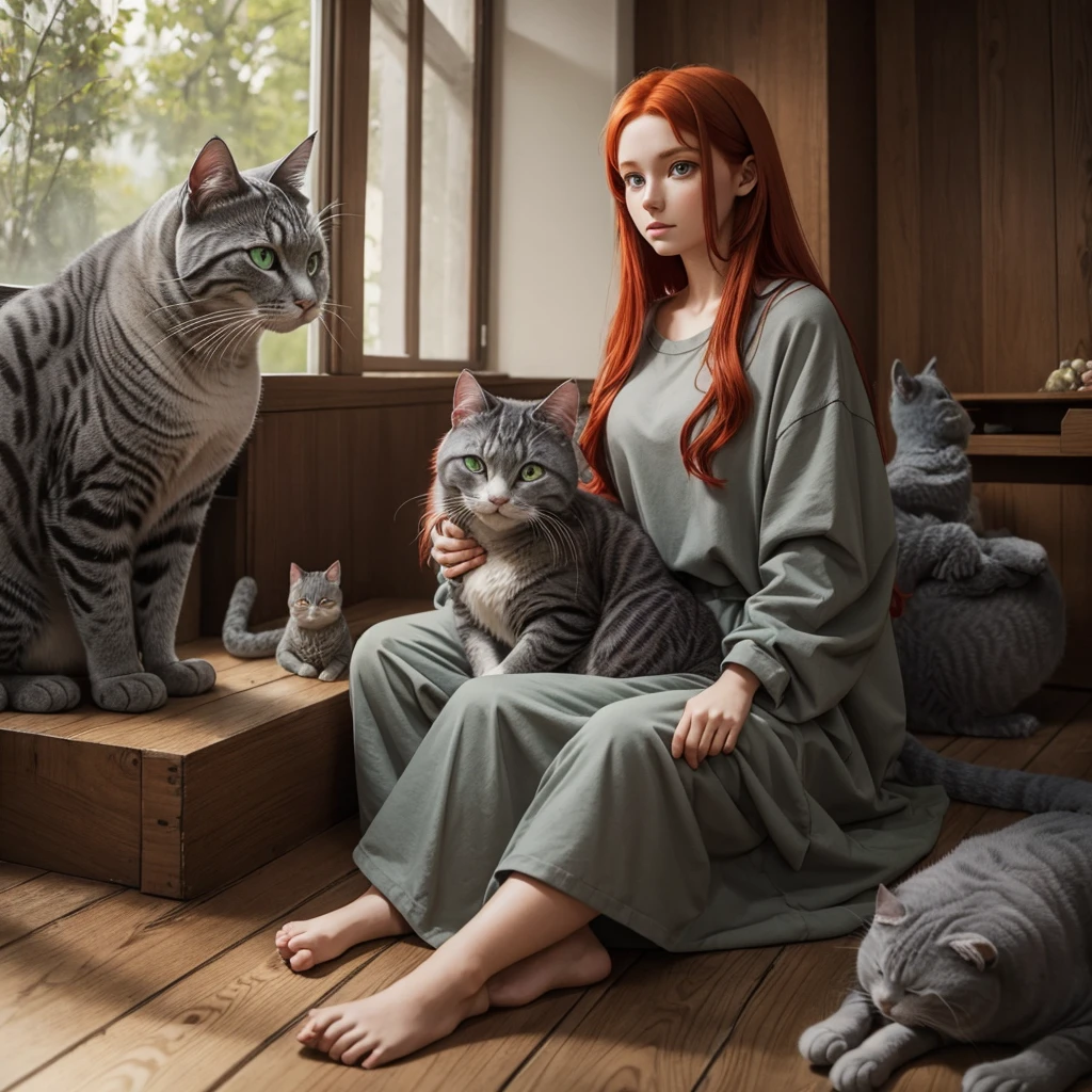 One beautiful red-haired girl of Slavic appearance in oversized clothes and a gray cat sitting next to her (animal) with green eyes