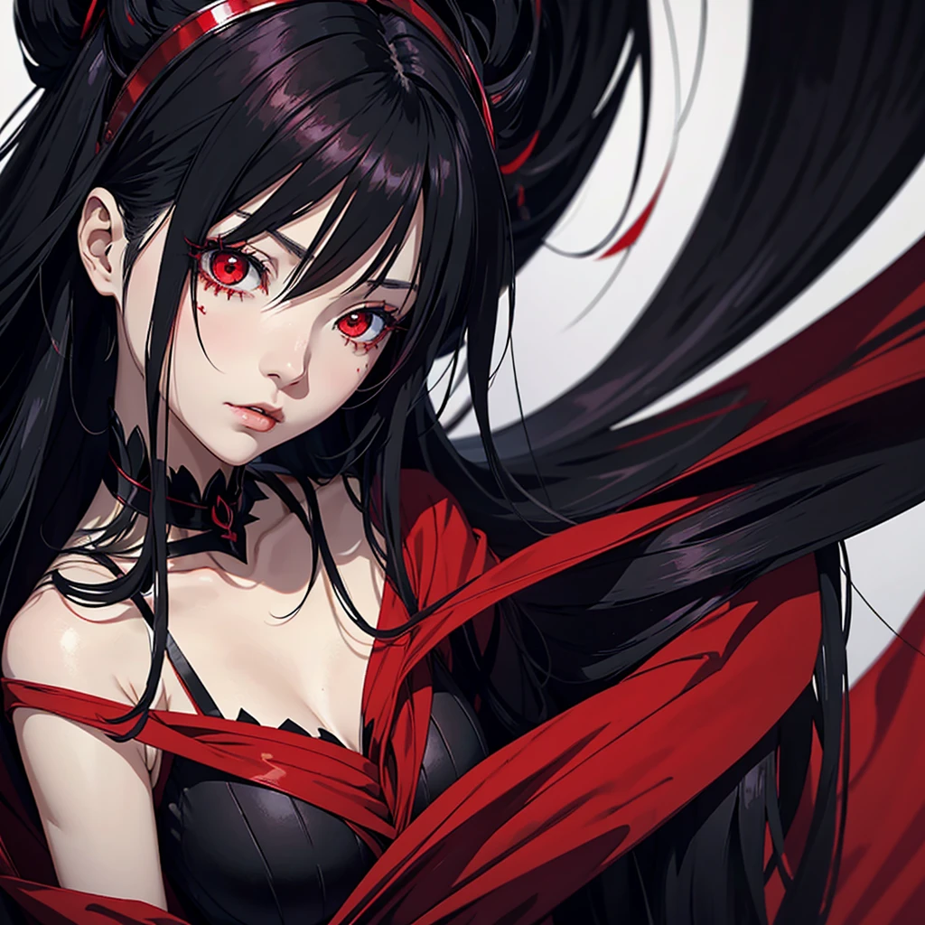 an anime woman, that she is very pretty, with crimson red eyes that have an intense shine, silky long black hair, let it be pale, but macabre that looks like a psychopath but has class in a crimson red dress