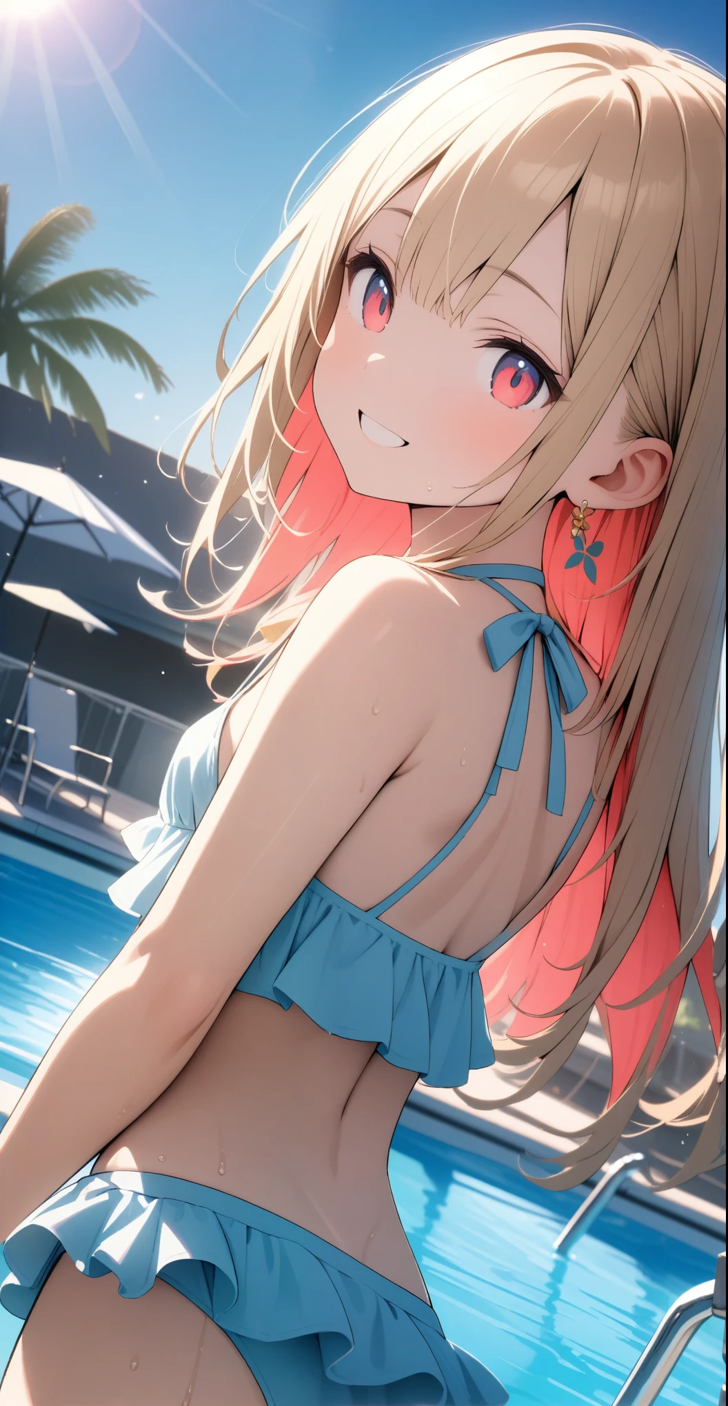 ****************, ((Simple earrings、Manicure、Sexy Swimwear、bikini))、(Golden hair colour、Red pink inner color hairstyle), Beautiful Hair, Facial Contour, Remember, Pool, sunlight、splash, Lens flare,, Natural Color, High resolution, Very delicate, Very detailed, 8k,（Breast swelling、About B cup）、(Shyness),((Sexual))、(Sexualな画角)、View angle from behind、Turn around, look straight ahead and smile