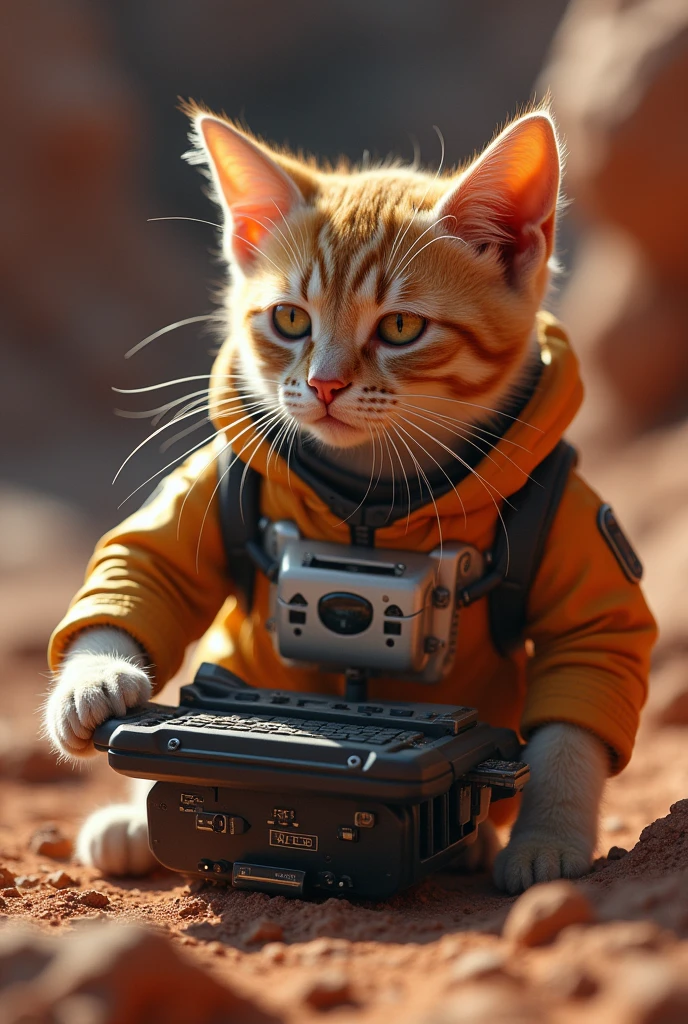 Photographic Ultra-Realism Space Cat A cat operating a machine on Mars