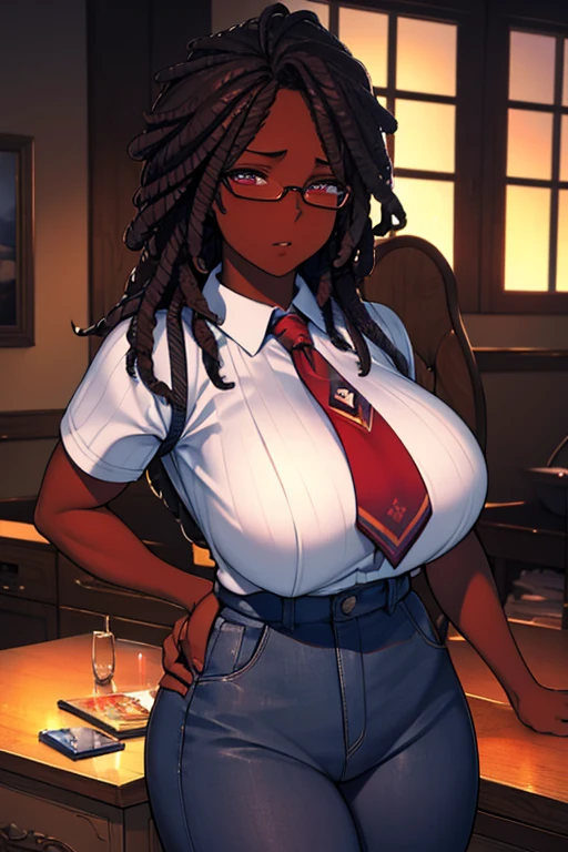 a dark-skinned ebony woman with dreadlocks, glasses, large breasts, holding a mop between her breasts, (best quality,4k,8k,highres,masterpiece:1.2),ultra-detailed,(realistic,photorealistic,photo-realistic:1.37),HDR,UHD,studio lighting,ultra-fine painting,sharp focus,physically-based rendering,extreme detail description,professional,vivid colors,bokeh,portrait,chiaroscuro lighting,dramatic lighting,moody,cinematic