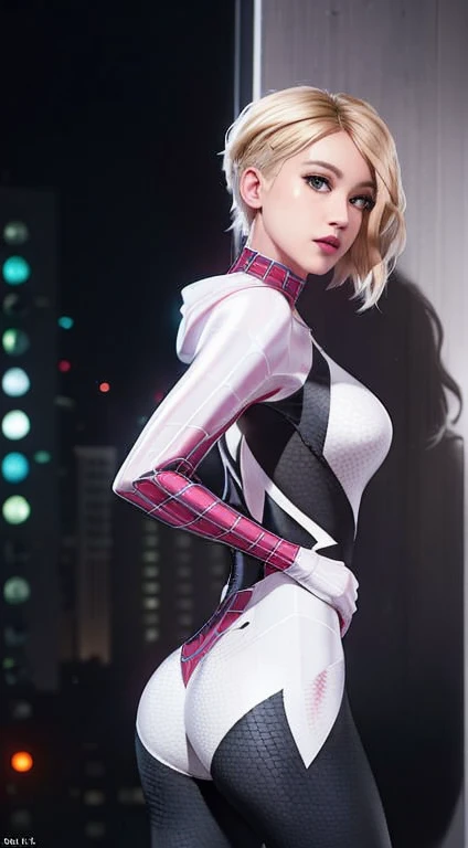 (Masterpiece), ((Best quality)), parted lip, Light_Smile, Cinematic lighting, Ultra-realistic, ((Realistic)), (Gwen_stacy), Blonde_Hair, short_Hair, Solo, side cut, asymmetrical_Hair, parted_Lips, eyebrow_Piercing, (Detailed face), Aesthetic 1 girl, 1girll, Look pitifully at the audience, (Beautiful detailed eyes), tightsuit, spider-suit, White sweater, Portrait, full bodyesbian, (side of head shaved), (Large breasts), Giantess angle, ((shot from far away)), Peach-shaped butt