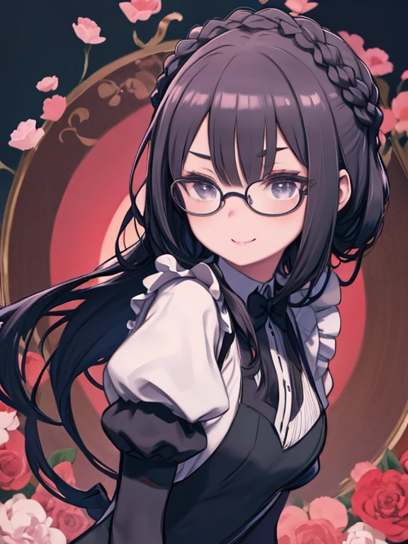 Fighting Maid,Black-rimmed round glasses,Braided Hair,Delicate makeup,delicate and long eyelashes,Laughter