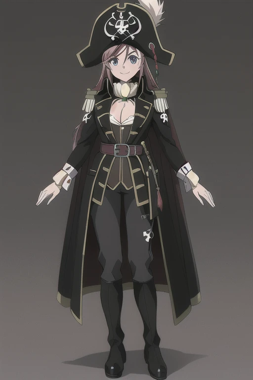 masterpiece, best quality, 1girl, detailed face and eyes, full-body shot, big breasts, cleavage, Katou Marika, (black pirate costume), long coat, belt, (black cargo pants), (black boots), (black pirate hat), looking at the viewer, facing the viewer, (light smile),   (simple background), blurry background