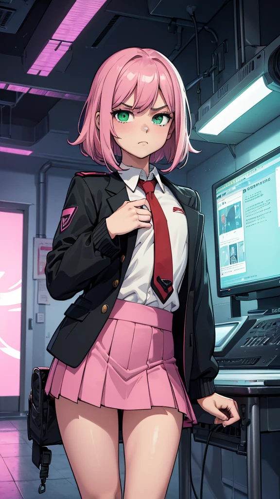 (masterpiece), (best quality), (high res), ((((Solo)))), (perfect anatomy), (young girl (10 years old), fair skin, pink hair (shoulder length), green eyes, (school uniform), white shirt, red tie, black jacket, short black mini skirt, tired, (((flat chest))), in a futuristic setting with a green light, annoyed, cyberpunk, (drinking water), best anime 4k, cybersuits, in her school, (at night), (night), ((((alone))))