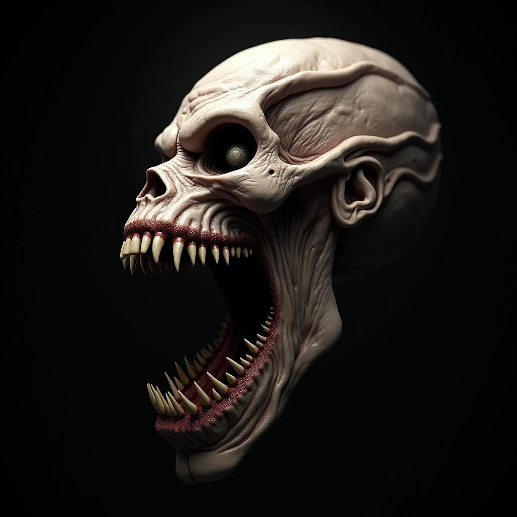 Monster head on a black background, sideways , that covers the entire image 