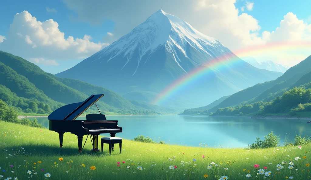 「A black grand piano standing in a lush green field、A rainbow over a lake and a majestic mountain range、Tranquil scenery」
Rainbow Arch Light: Asahi、Soft light season: Summer painting style: Photo style、
others: fog、Colorful flowers、