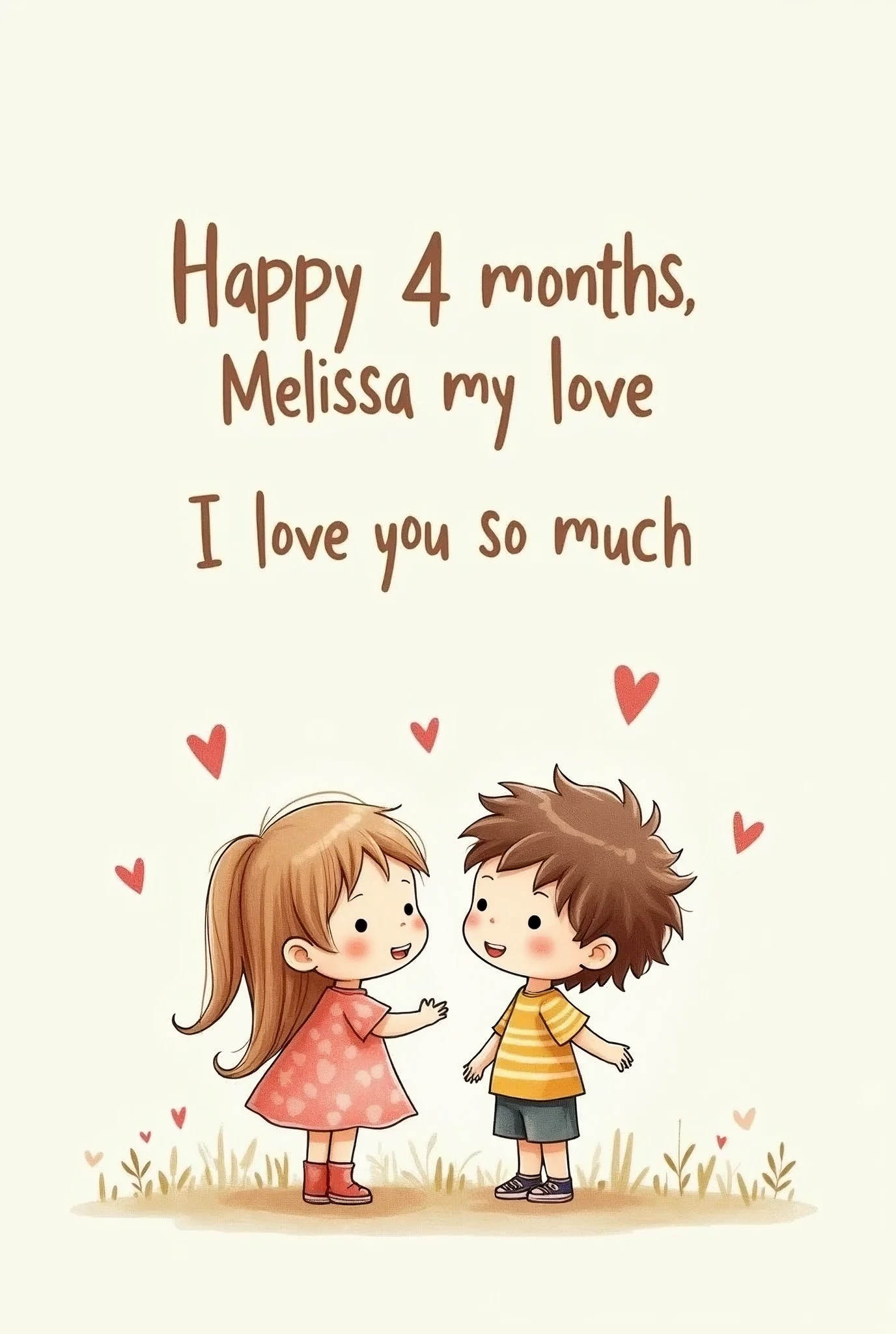 Image that says, Happy 4 months Melissa my love I love you so much, with a drawing of a couple of white children in gacha life style