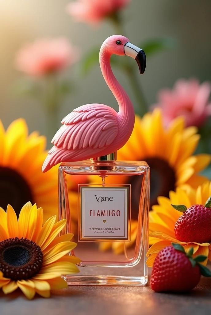 Elegant and luxury sitting flamingo perfume bottle , unique with fruity and sweet notes, flamingo with sunflower flowers