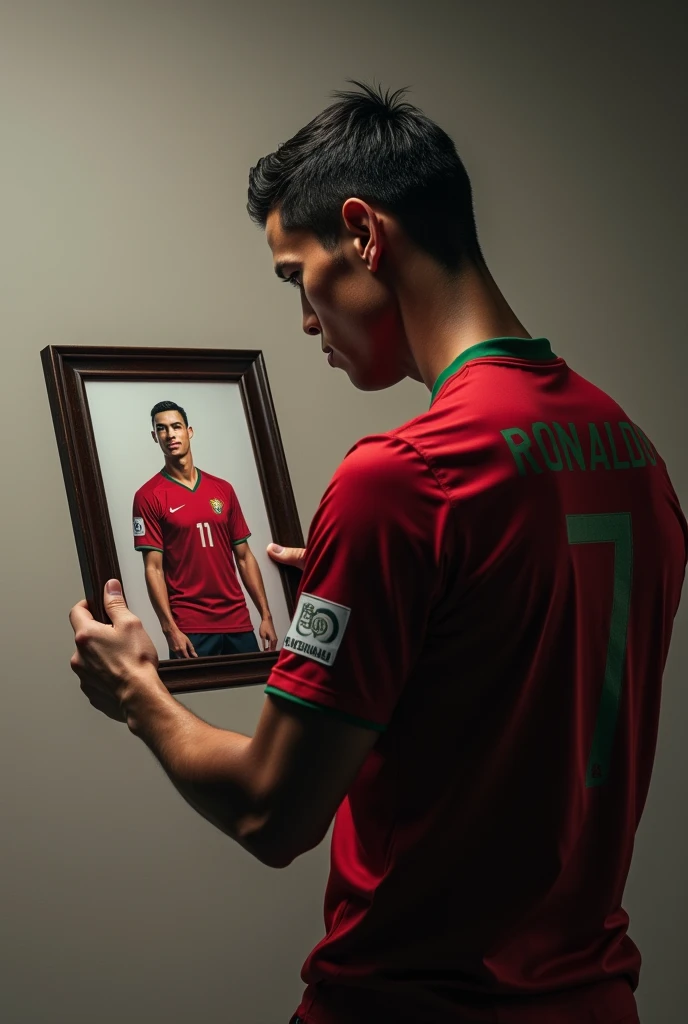 Cr7 with his back turned looking at a picture of him when he was 20 years old but with the number 7 and the Portugal shirt