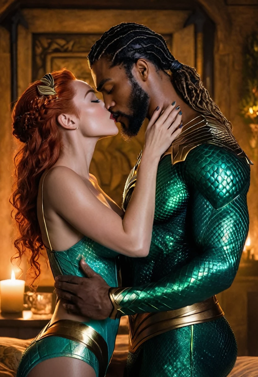 DC Comics' Mera and an African American Aquaman share a steamy kiss inside an Atlantean bedroom lit only by candlelight. Mera is a beautiful Caucasian female with a light white complexion. Mera has lovely makeup on her face. DC Comics setting. Nighttime. Romantic ambiance. Symmetrical eyes. Symmetrical faces. Lovely details. Photorealistic. Full-colored photo. Professional photo. Highly detailed 8K.